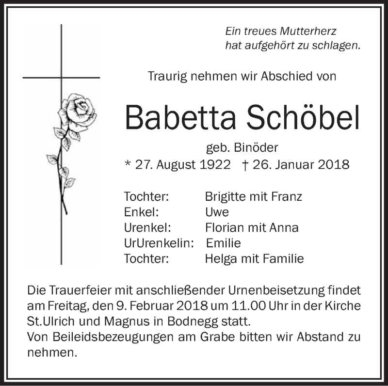 Traueranzeigen Von Babetta Sch Bel Schwaebische De Trauerportal