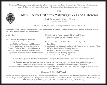 Traueranzeigen von Marie Therese Gräfin von Waldburg zu Zeil und