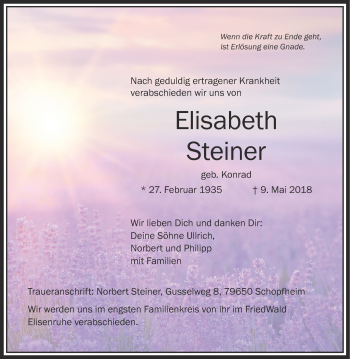 Anzeige von Elisabeth Steiner von Schwäbische Zeitung