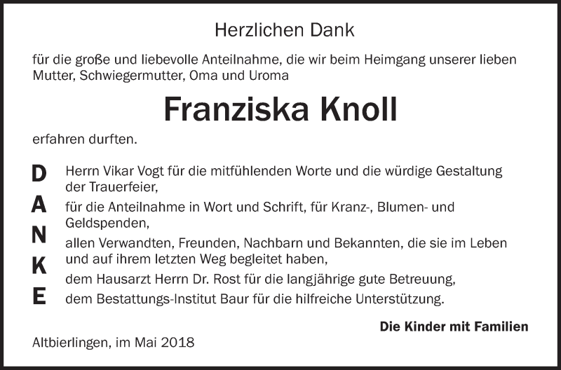 Traueranzeigen Von Franziska Knoll Schwaebische De Trauerportal