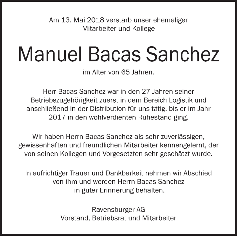 Traueranzeigen Von Manuel Bacas Sanchez Schwaebische De Trauerportal