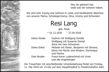 Anzeige von Resi Lang von Schwäbische Zeitung