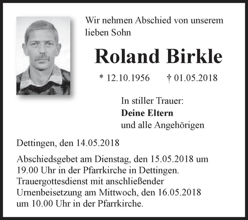 Traueranzeigen Von Roland Birkle Schwaebische De Trauerportal