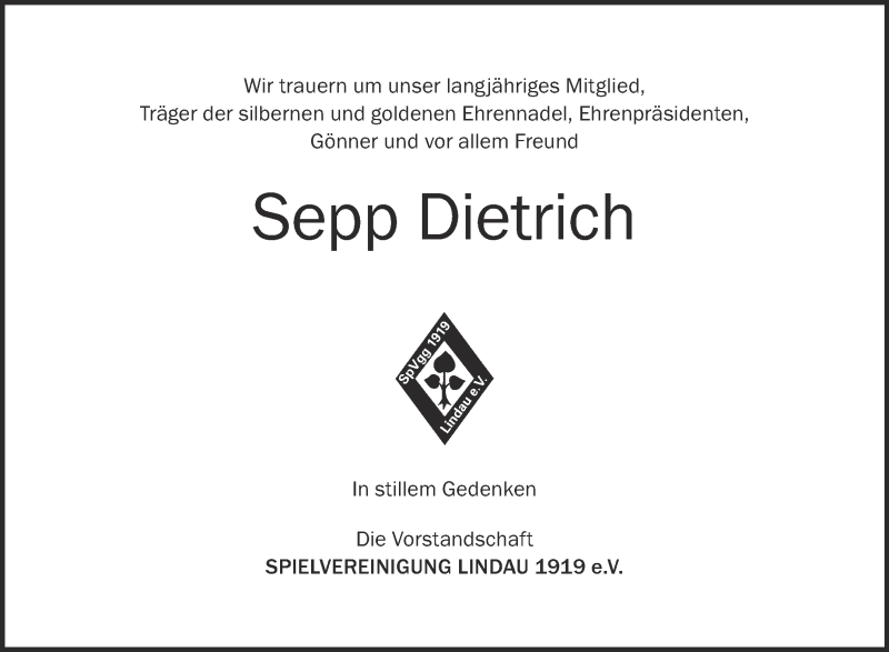  Traueranzeige für Sepp Dietrich vom 03.05.2018 aus Schwäbische Zeitung