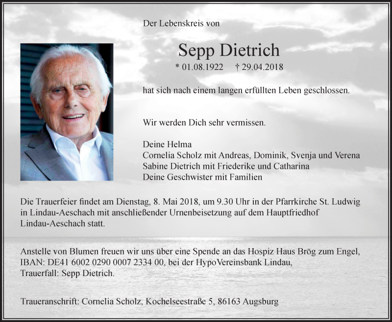  Traueranzeige für Sepp Dietrich vom 02.05.2018 aus Schwäbische Zeitung