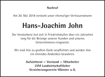 Anzeige von Hans-Joachim John von Schwäbische Zeitung