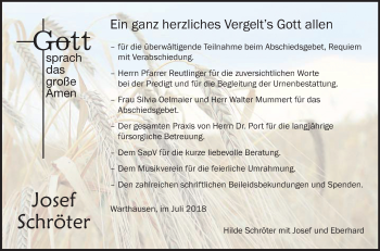 Anzeige von Josef Schröter von Schwäbische Zeitung