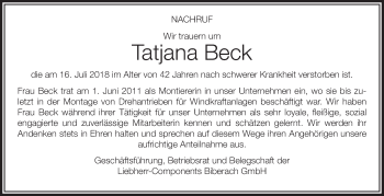 Traueranzeigen Von Tatjana Beck Schwaebische De Trauerportal