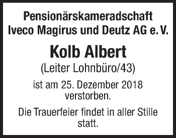 Traueranzeigen Von Kolb Albert Schwaebische De Trauerportal