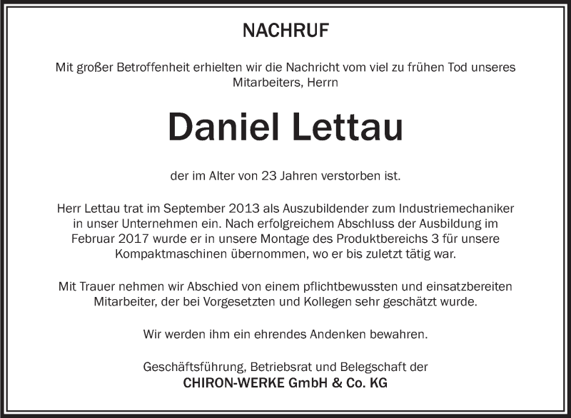 Traueranzeigen Von Daniel Lettau Schwaebische De Trauerportal