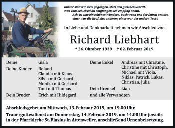 Traueranzeigen Von Richard Liebhart Schwaebische De Trauerportal