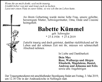 Anzeige von Babette Kümmel von Schwäbische Zeitung