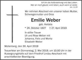 Anzeige von Emilie Weber von Schwäbische Zeitung