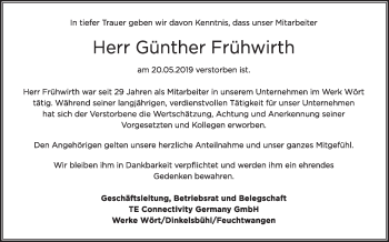 Anzeige von Günter Frühwirth von Schwäbische Zeitung