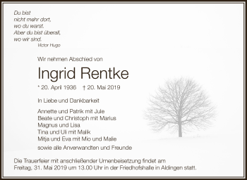 Anzeige von Ingrid Rentke von Schwäbische Zeitung