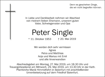 Anzeige von Peter Single von Schwäbische Zeitung