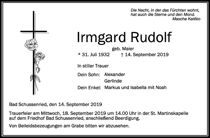 Traueranzeigen Von Irmgard Rudolf Schwaebische De Trauerportal