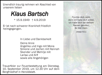 Traueranzeigen Von Klaus Bartsch Schwaebische De Trauerportal