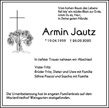 Traueranzeigen Von Armin Jautz Schwaebische De Trauerportal