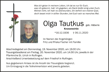 Traueranzeigen Von Olga Tautkus Schwaebische De Trauerportal