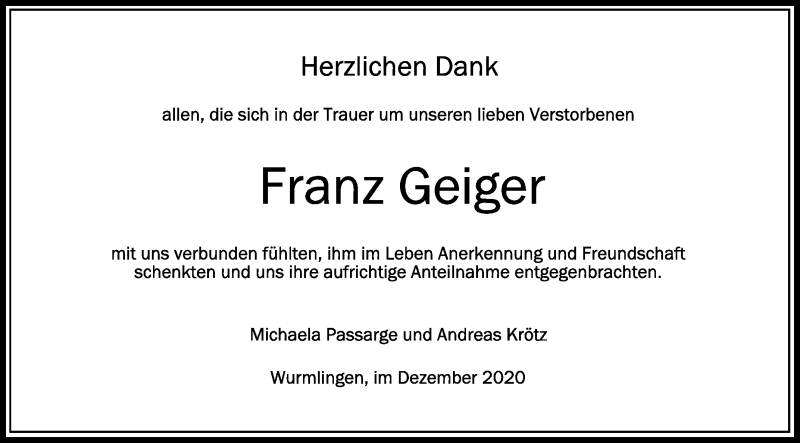 Traueranzeigen Von Franz Geiger Schwaebische De Trauerportal