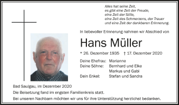 Traueranzeigen von Hans Müller schwaebische de Trauerportal