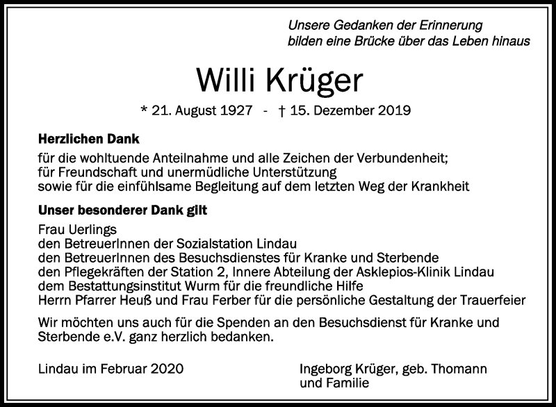 Traueranzeigen von Willi Krüger schwaebische de Trauerportal