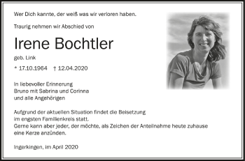 Traueranzeigen Von Irene Bochtler Schwaebische De Trauerportal