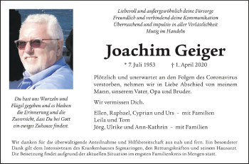 Traueranzeigen Von Joachim Geiger Schwaebische De Trauerportal