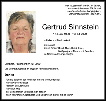 Traueranzeigen Von Gertrud Sinnstein Schwaebische De Trauerportal