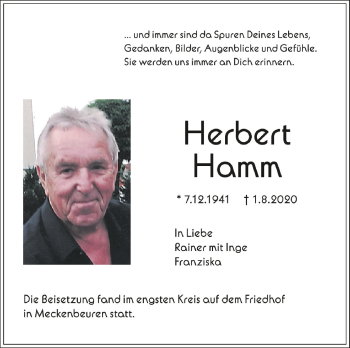 Traueranzeigen Von Herbert Hamm Schwaebische De Trauerportal