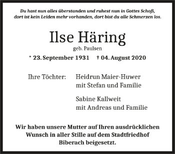 Traueranzeigen Von Ilse H Ring Schwaebische De Trauerportal