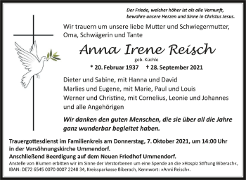 Traueranzeigen Von Anna Irene Reisch Schwaebische De Trauerportal