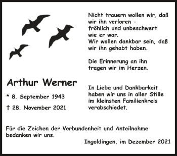 Traueranzeigen Von Arthur Werner Schwaebische De Trauerportal