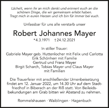 Traueranzeigen Von Robert Johannes Mayer Schwaebische De Trauerportal