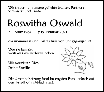 Traueranzeigen Von Roswitha Oswald Schwaebische De Trauerportal