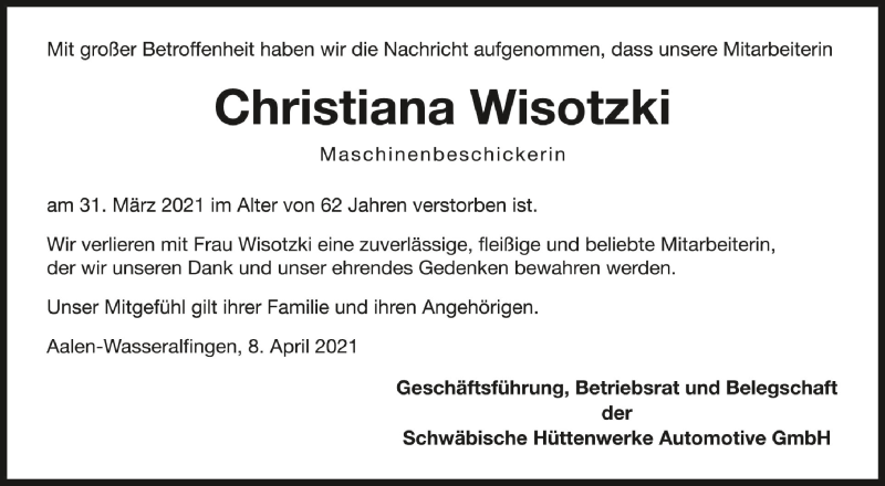 Traueranzeigen Von Christiana Wisotzki Schwaebische De Trauerportal