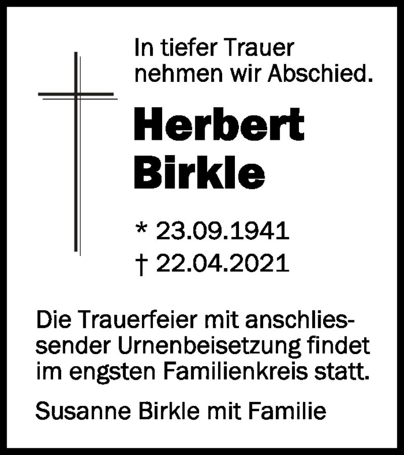 Traueranzeigen Von Herbert Birkle Schwaebische De Trauerportal