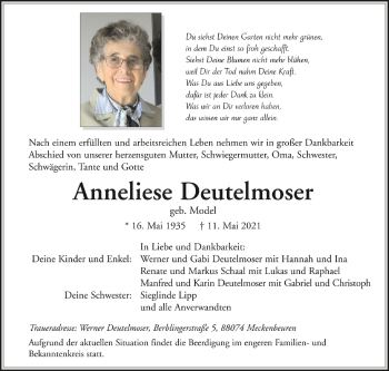 Traueranzeigen Von Anneliese Deutelmoser Schwaebische De Trauerportal