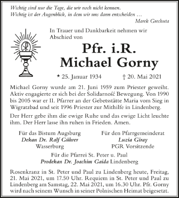 Anzeige von Michael Gorny von Schwäbische Zeitung