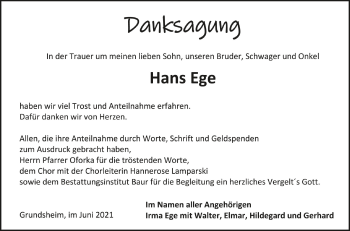 Anzeige von Hans Ege von Schwäbische Zeitung