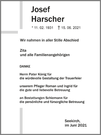 Anzeige von Josef Harscher von Schwäbische Zeitung