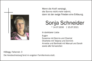 Anzeige von Sonja Schneider von Schwäbische Zeitung