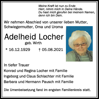 Anzeige von Adelheid Locher von Schwäbische Zeitung