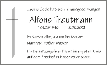 Anzeige von Alfons Trautmann von Schwäbische Zeitung