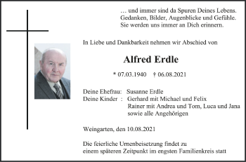 Anzeige von Alfred Erdle von Schwäbische Zeitung