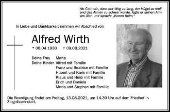 Anzeige von Alfred Wirth von Schwäbische Zeitung
