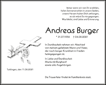 Anzeige von Andreas Burger von Schwäbische Zeitung