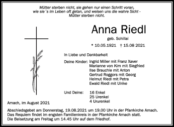 Anzeige von Anna Riedl von Schwäbische Zeitung