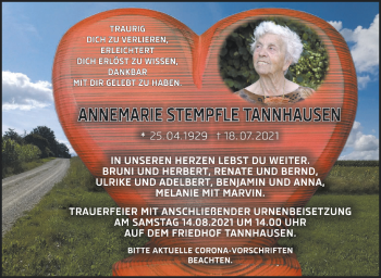 Anzeige von Annemarie Stempfle Tannhausen von Schwäbische Zeitung